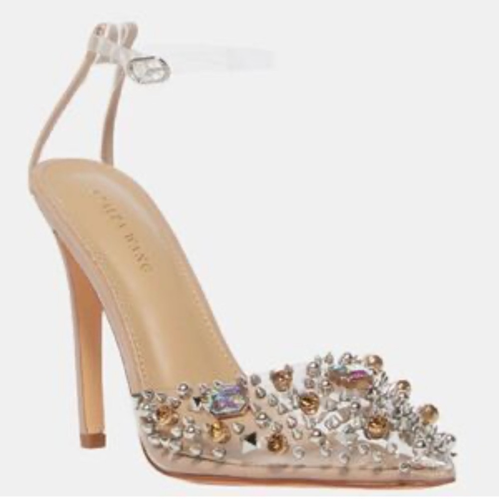 FREE SHIPPING - Azalea Wang Nude Ankle Strap Studded 5” Heels/ Pumps